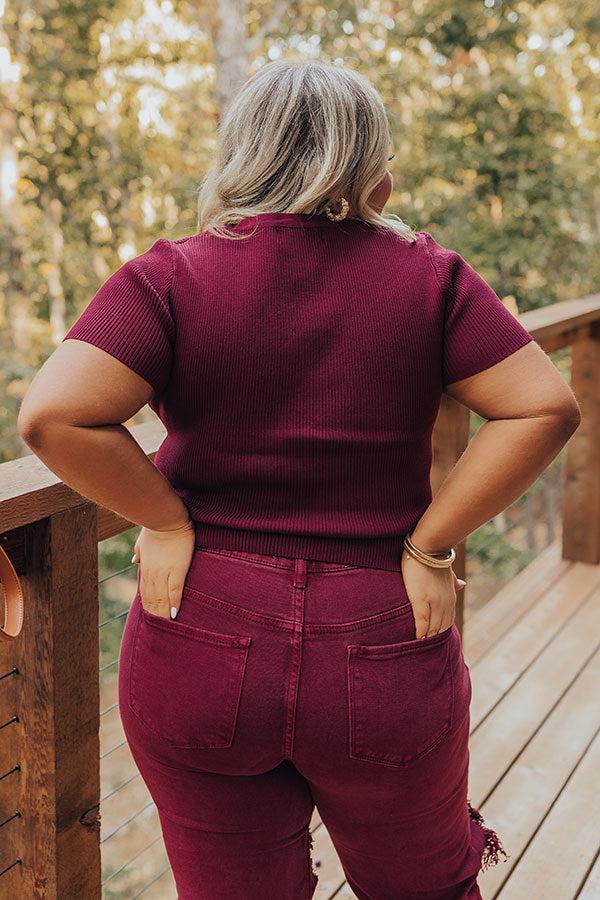 Cafe Hangout Ribbed Henley Top in Merlot Curves Product Image