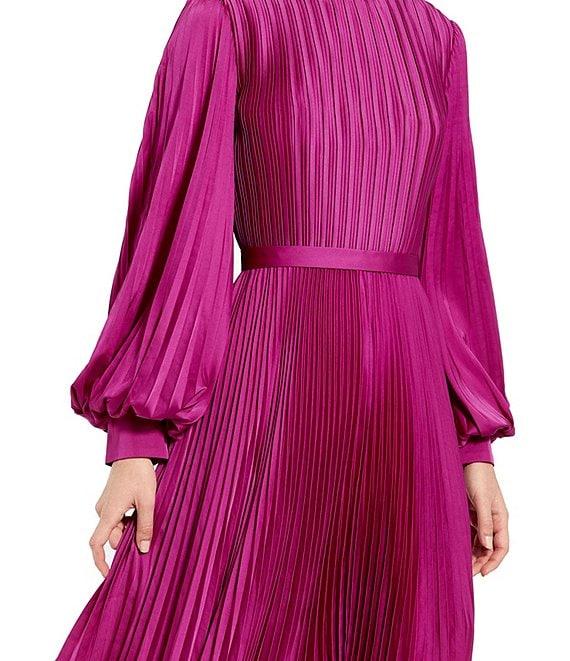 Mac Duggal Pleated Satin Round Neck Long Balloon Sleeve Hanky Hem Midi Dress Product Image