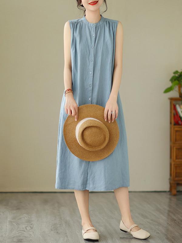 A-Line Sleeveless Buttoned Pleated Solid Color Round-Neck Midi Dresses Product Image