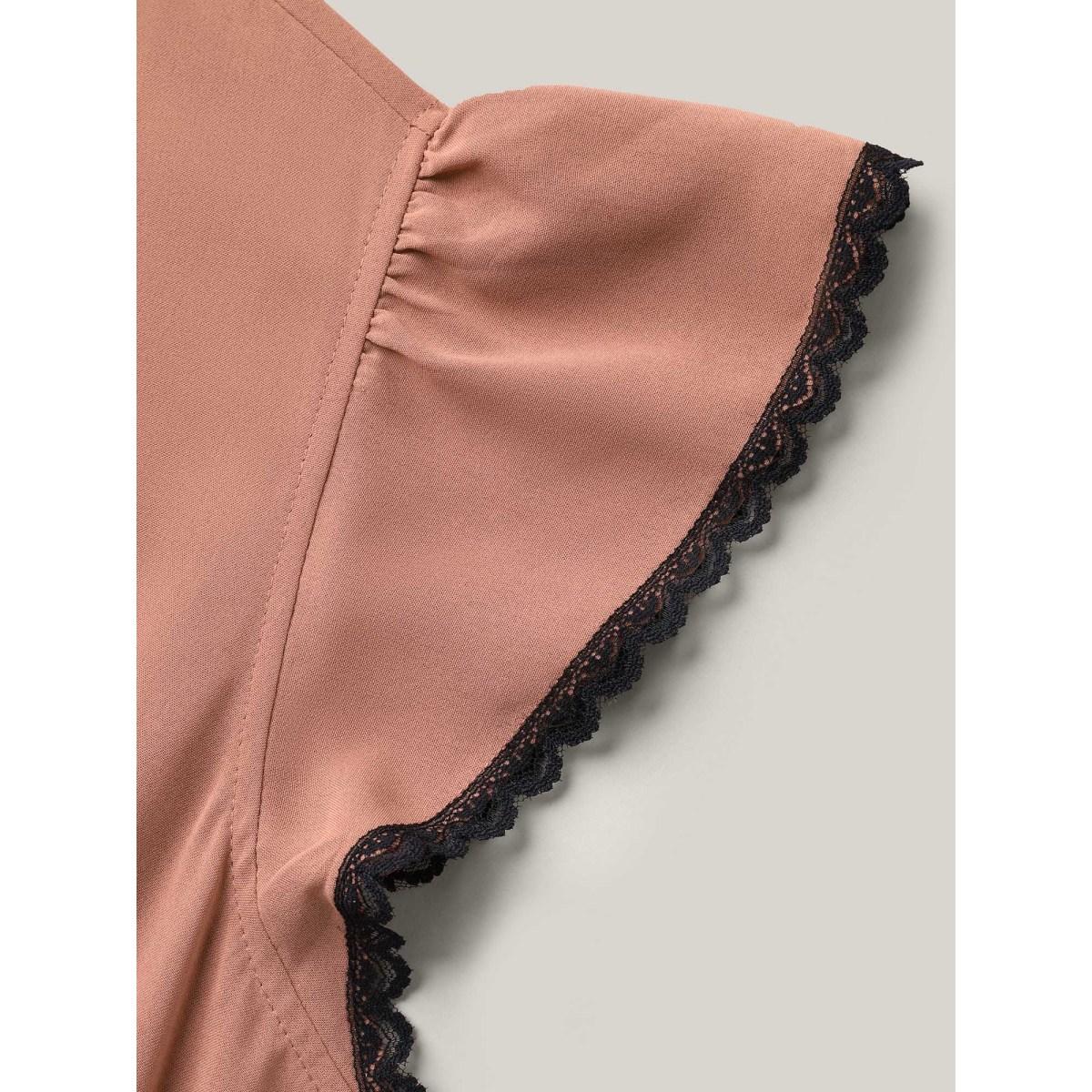 Plus Size Contrast Lace Flutter Sleeve Breezy Midi Dress Rouge Women At the Office Woven ribbon&lace trim V-neck Cap Sleeve Curvy BloomChic 30/6X Product Image