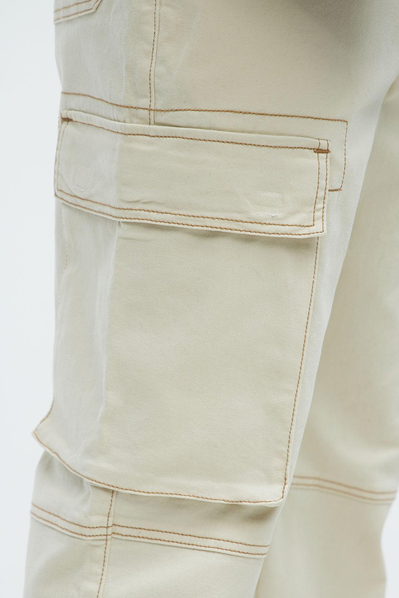 Stay In Lane Contrast Stitch Cargo Pants - Ivory Product Image