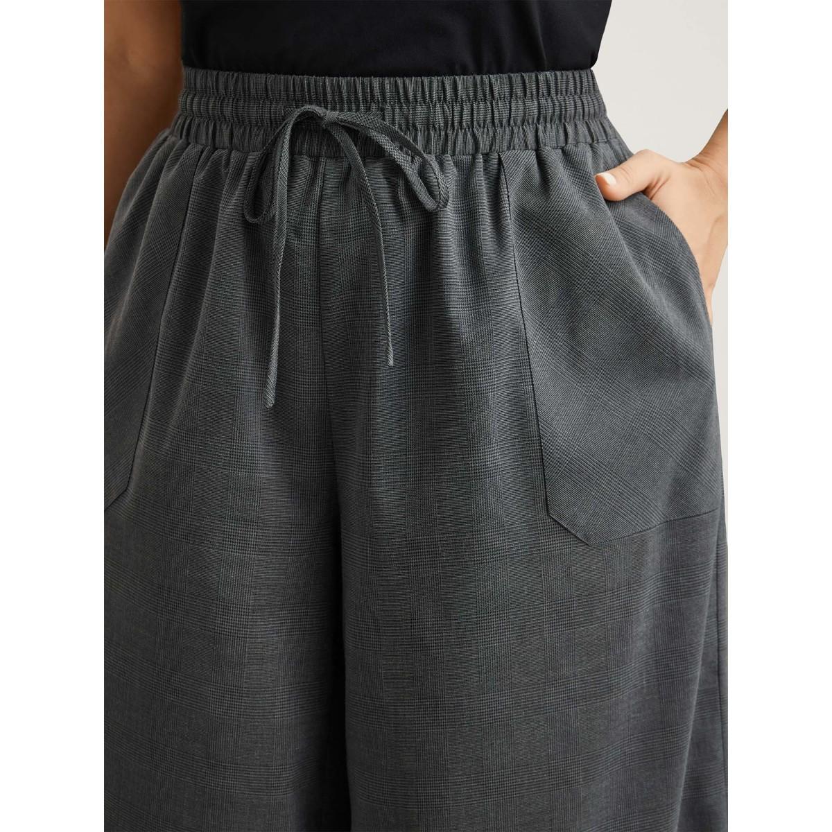 Plus Size Waist Drawstring Plaid Wide Leg Pants Women Black At the Office Wide Leg Mid Rise Work Pants BloomChic 18-20/2X Product Image