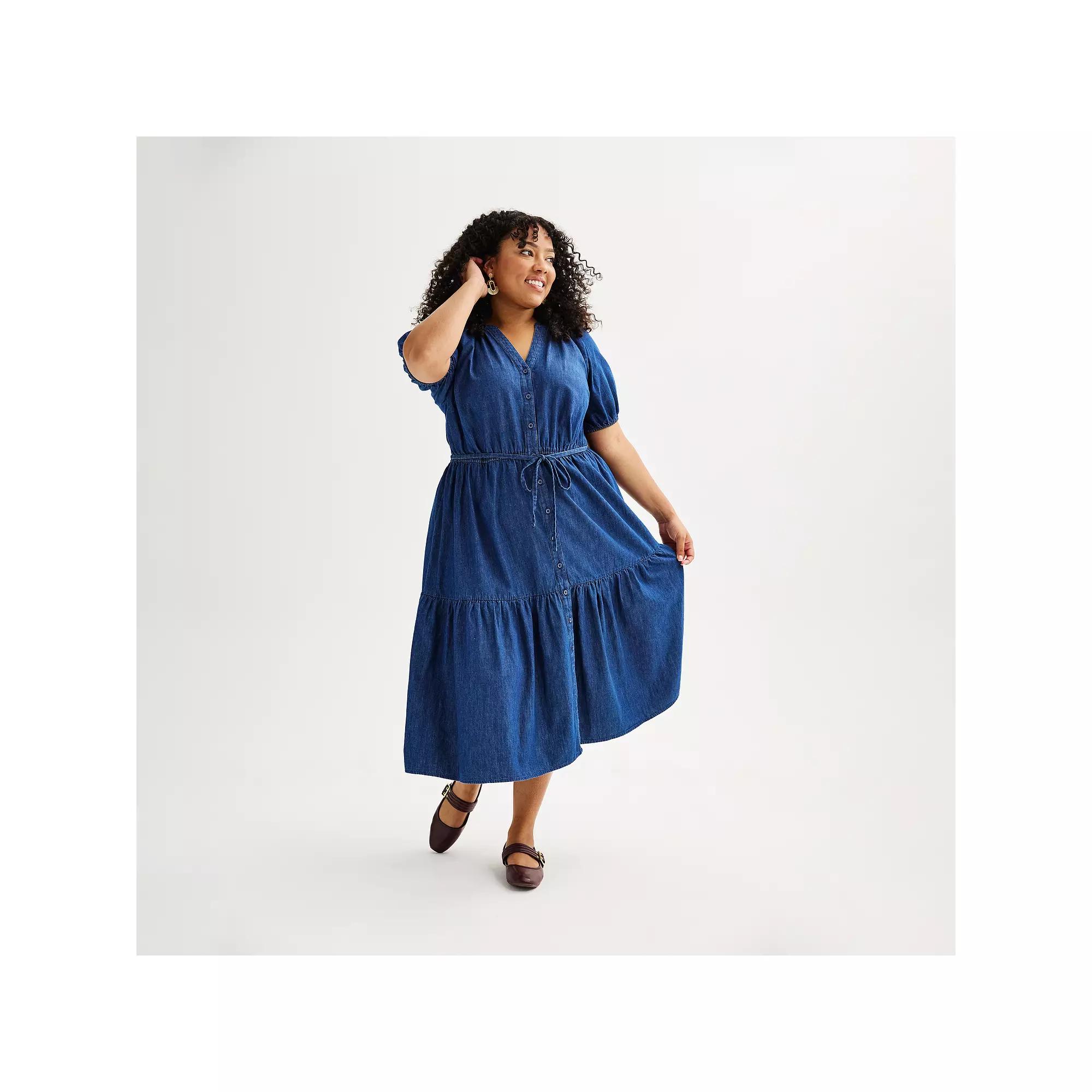 Plus Size Sonoma Goods For Life® Puff Sleeve V-Neck Tiered Midi Dress, Women's, Size: 0X, Chambray Product Image