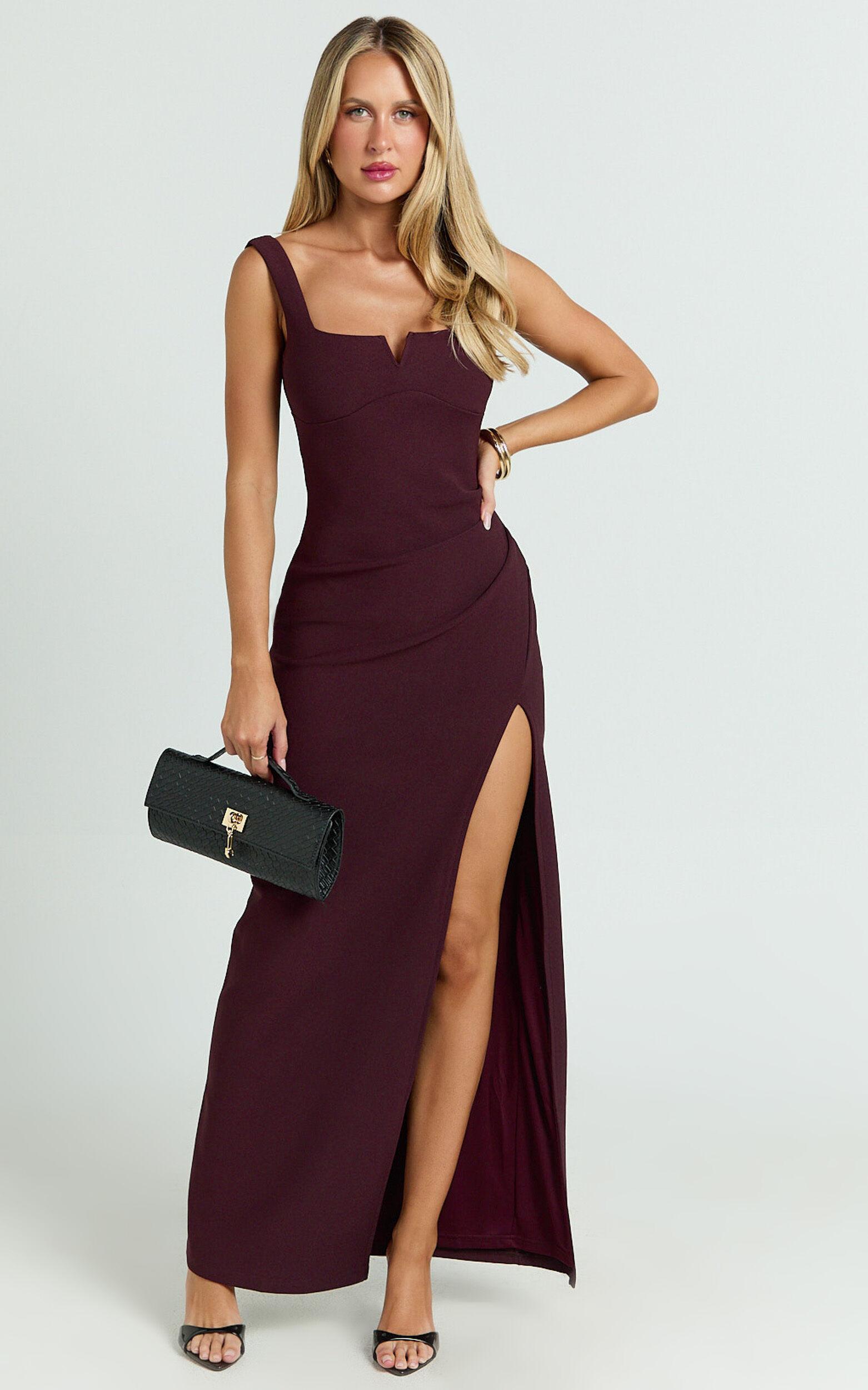 Thelma Maxi Dress - Square Neck Bodycon Dress in Wine Product Image