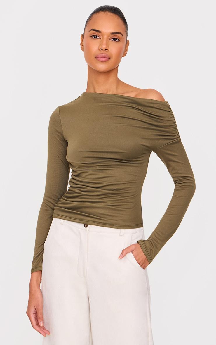 Khaki Contour Jersey Asymmetric Ruched Side Long Sleeve Top Product Image