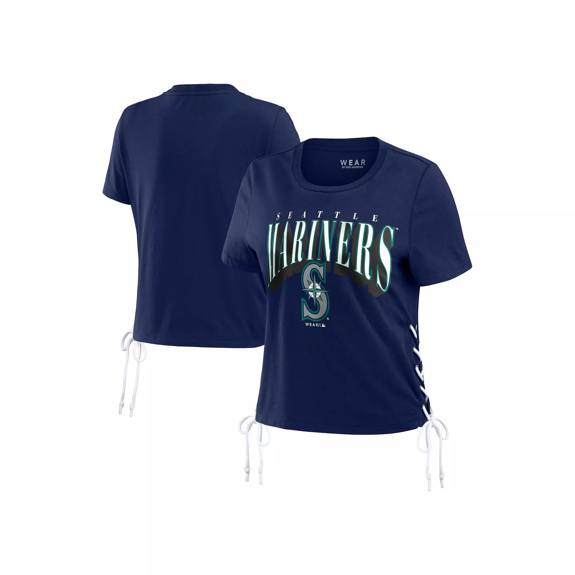 Women's WEAR by Erin Andrews Navy Seattle Mariners Side Lace-Up Cropped T-Shirt, Size: XS, Blue Product Image