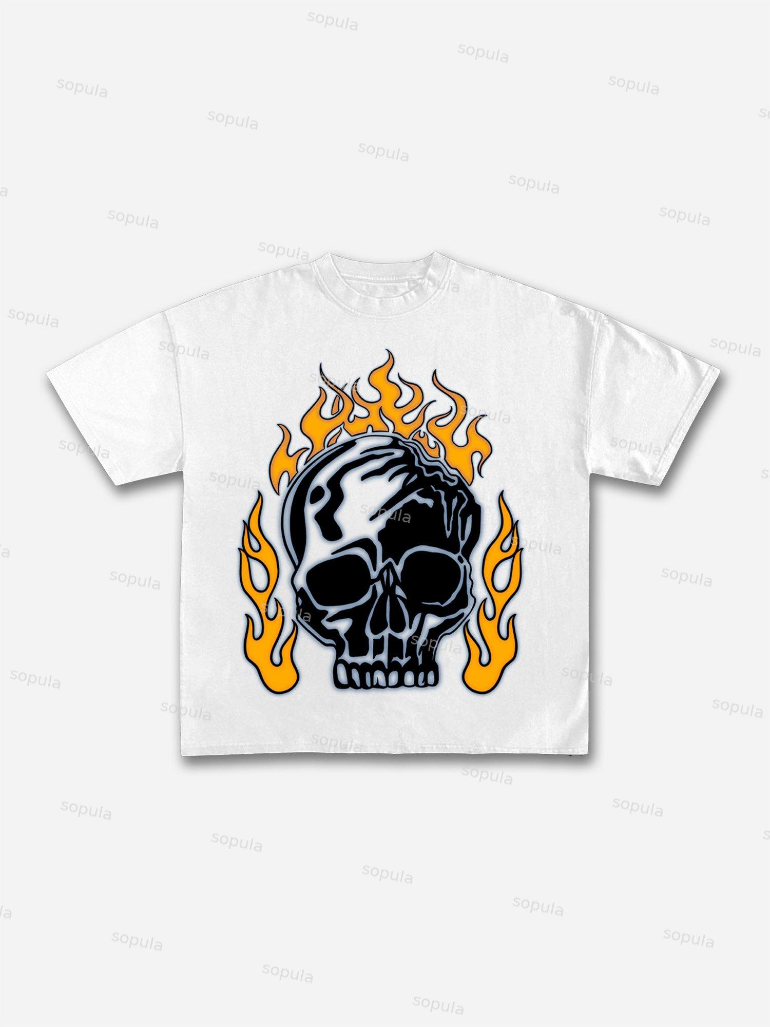 Men's Flaming Skull Graphic Cotton T-shirt Product Image