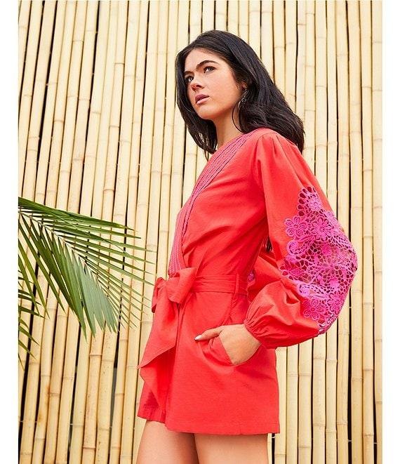 Chelsea & Violet Livvy V-Neckline Long Sleeve Crochet Detail Romper Product Image