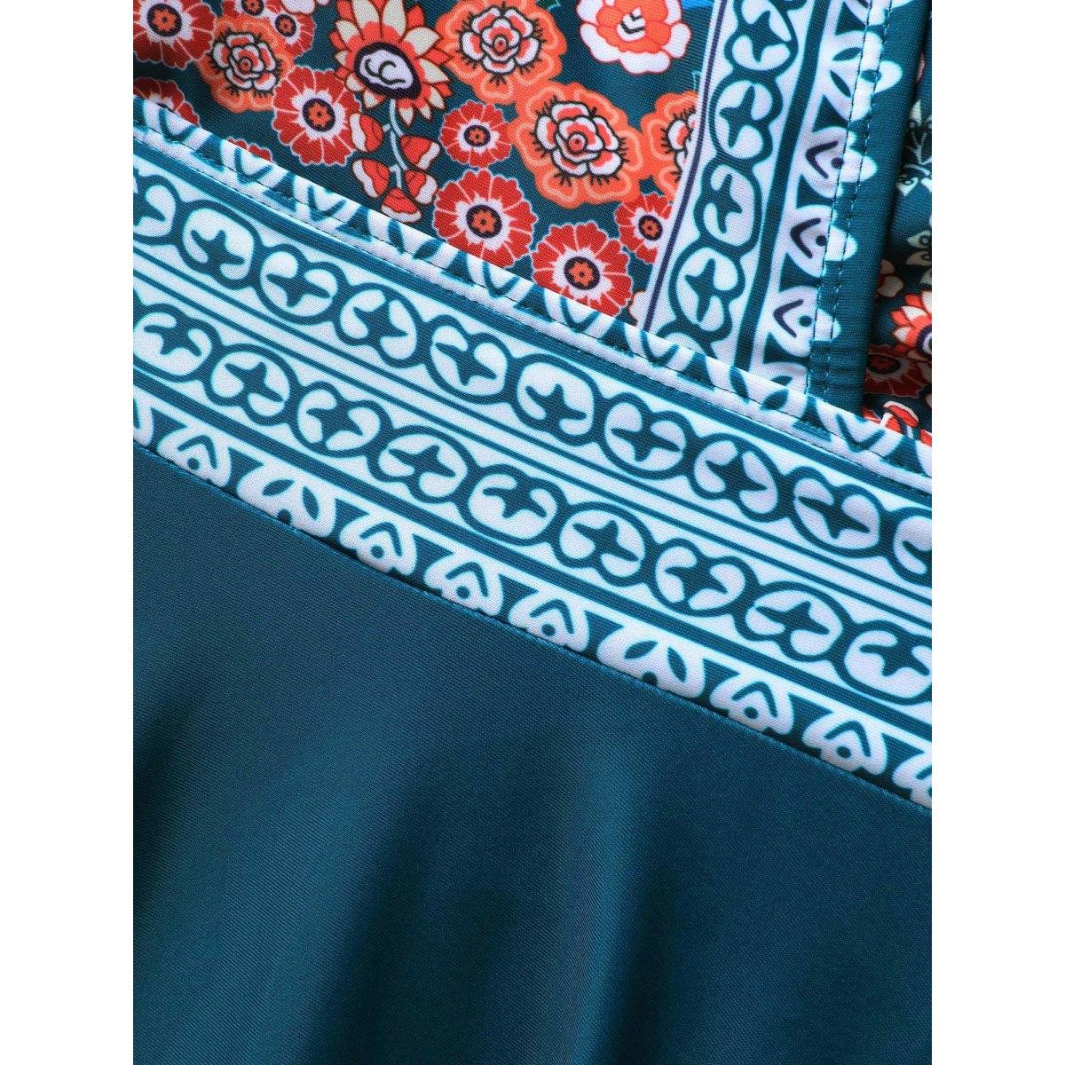 Plus Size Boho Print Surplice Neck Adjustable Swim Dress Women's Swimwear Cyan Beach Bodycon Overlap Collar High stretch Curve Swim Dresses BloomChic 28/5X Product Image