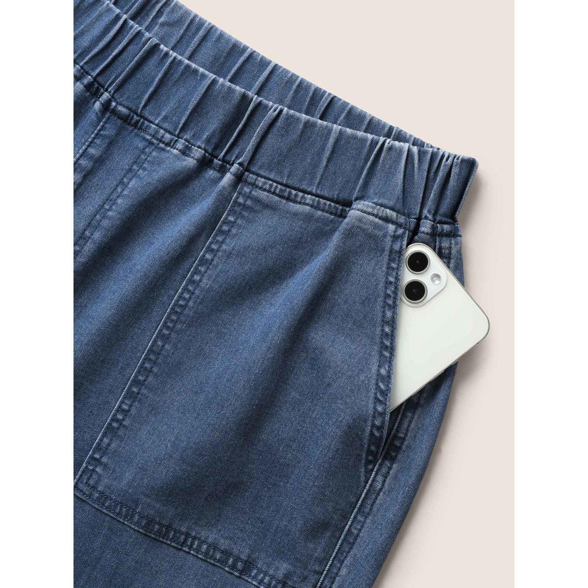 Plus Size Medium Wash Wide Leg Patch Pocket Cropped Jeans Women Denimblue Casual High stretch Patch pocket Jeans BloomChic 16/1X Product Image