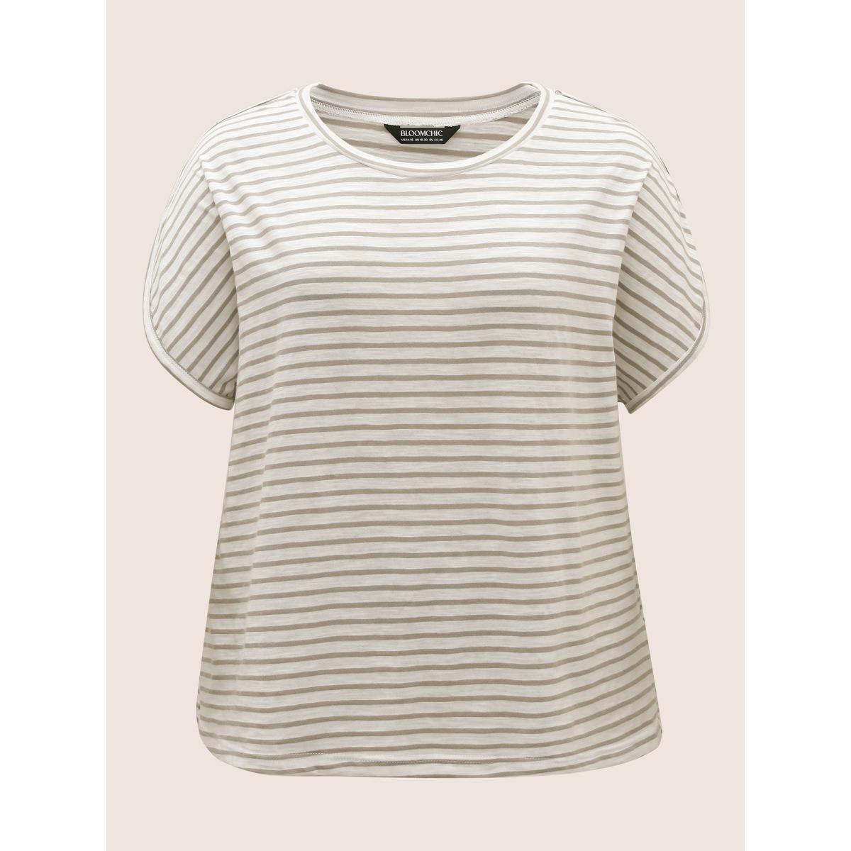 Plus Size Cotton Striped Print Round Neck Petal Sleeve T-shirt Tan Women Casual Contrast Round Neck Everyday T-shirts BloomChic 28/5X Product Image