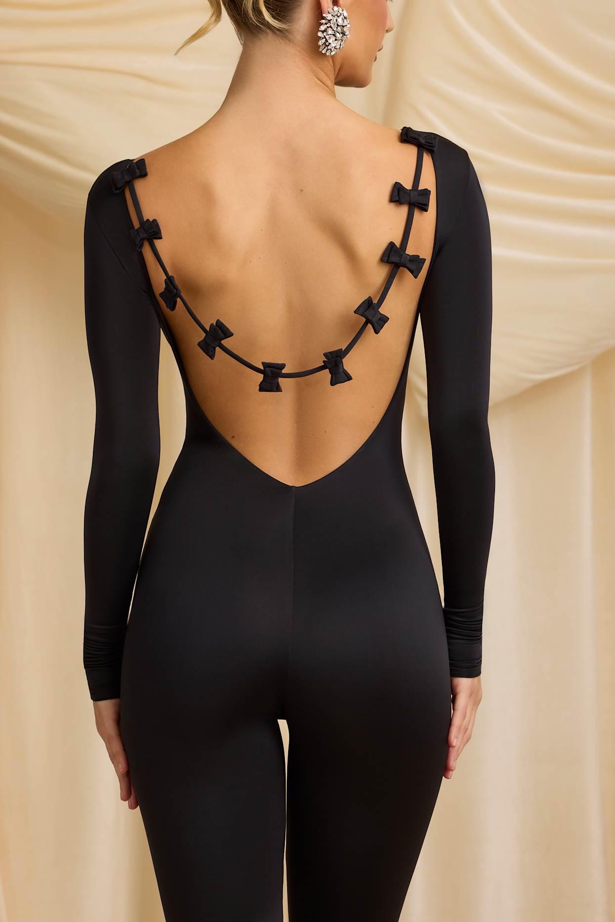 Slinky Jersey Bow-Detail Jumpsuit in Black Product Image