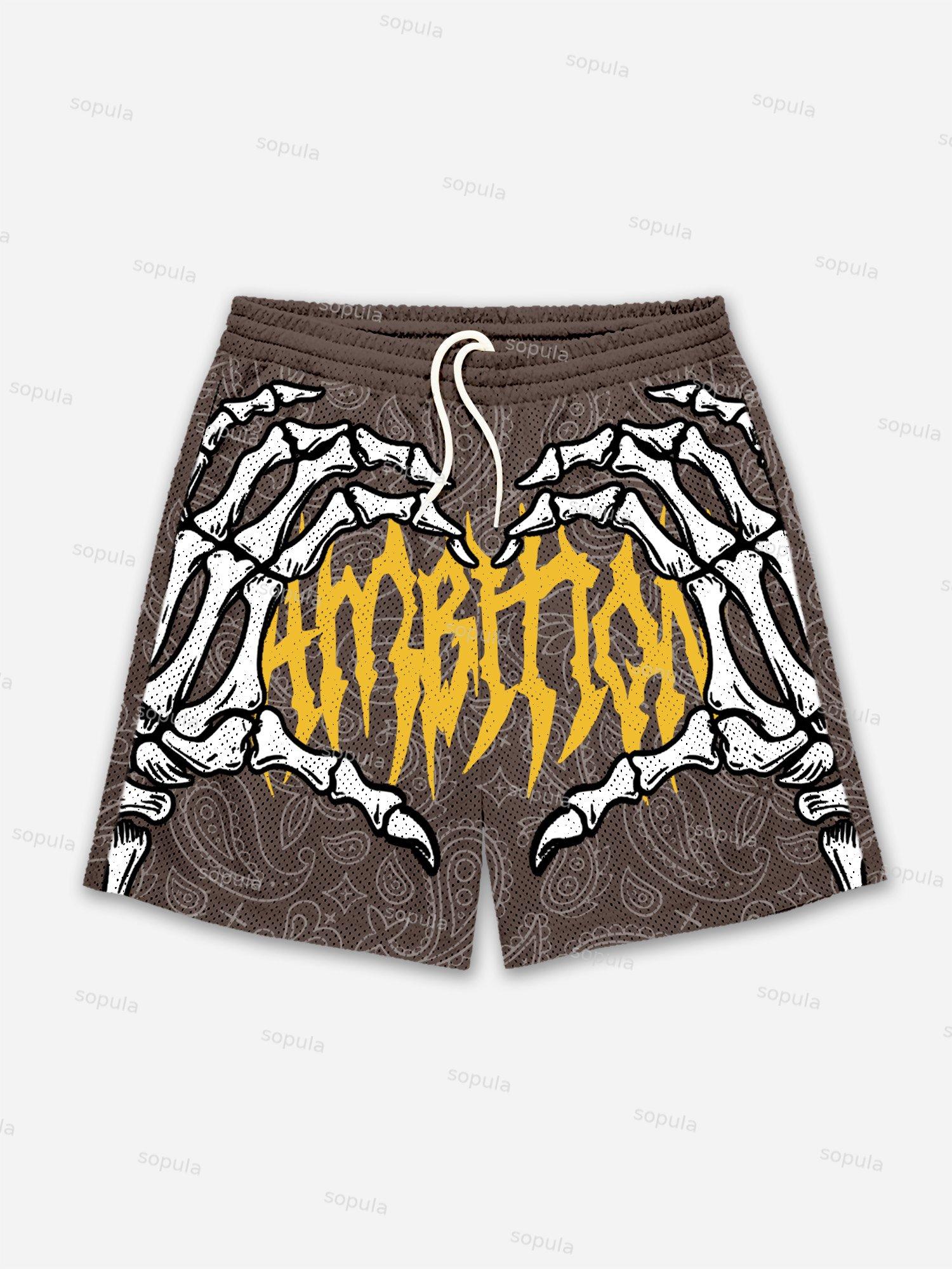 Ambition Skull Hand Cashew Flower Graphic Mesh Shorts Product Image