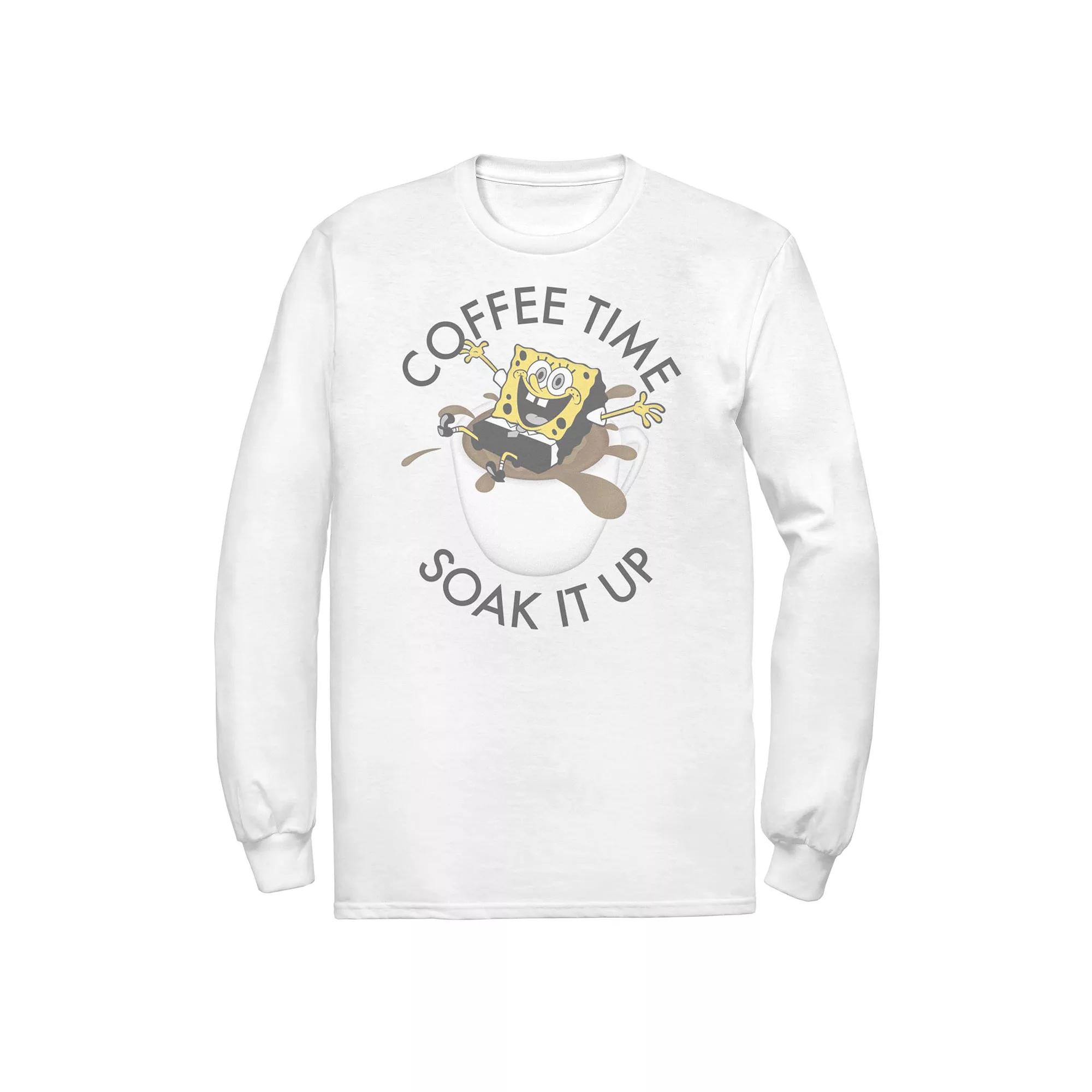Men's Spongebob Coffee Time Soak It Up Portrait Long Sleeve Tee,  Product Image