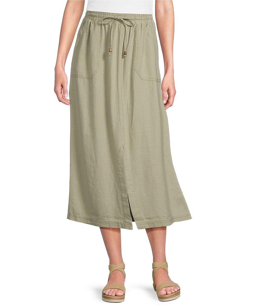 Westbound Linen Patch Pocket Front Slit Midi Skirt Product Image