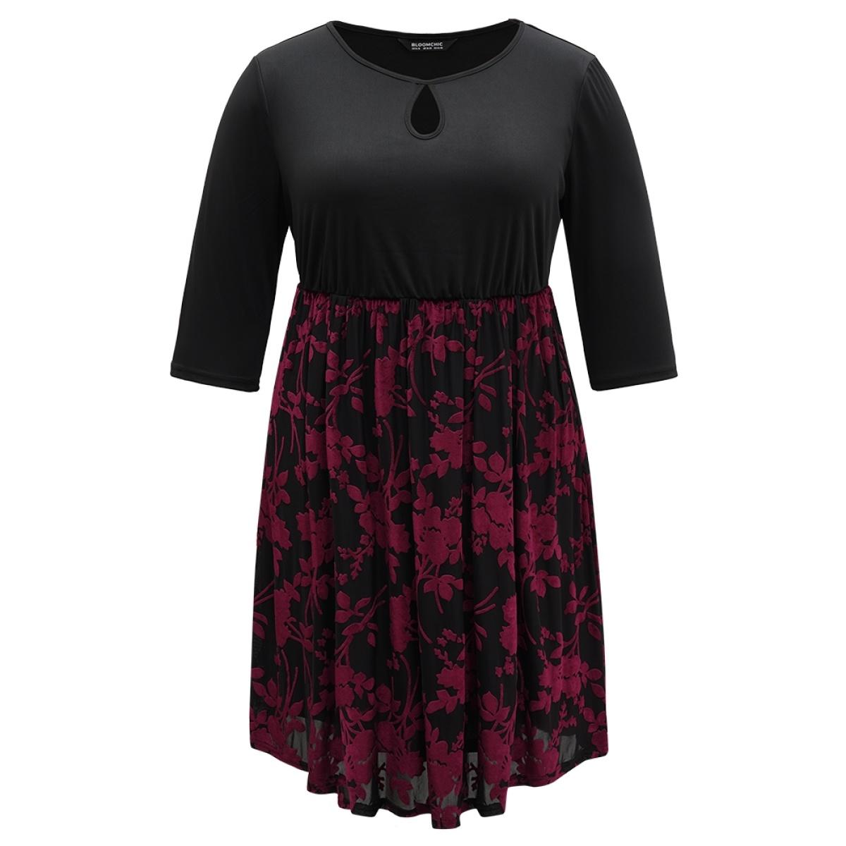 Plus Size Contrast Flocking Keyhole Elastic Waist Dress Burgundy Women Glamour Printed Keyhole Cut-Out Elbow-length sleeve Curvy Midi Dress BloomChic 28/5X Product Image