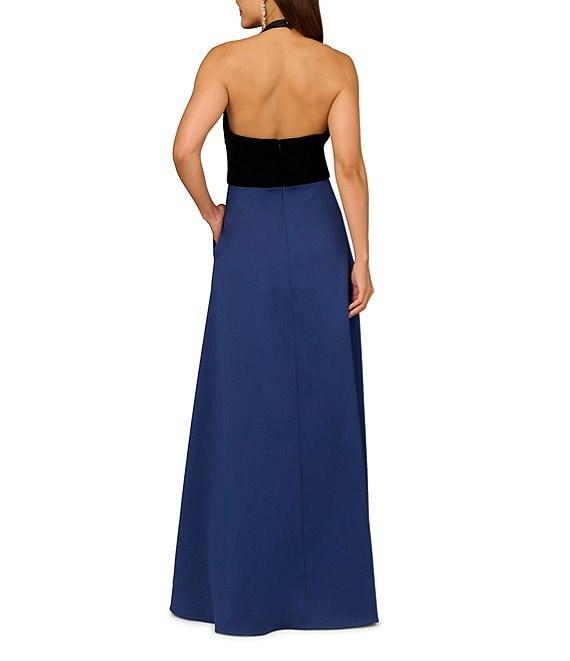 Aidan Mattox Halter Deep V-Neck Satin Velvet A-Line Gown Product Image