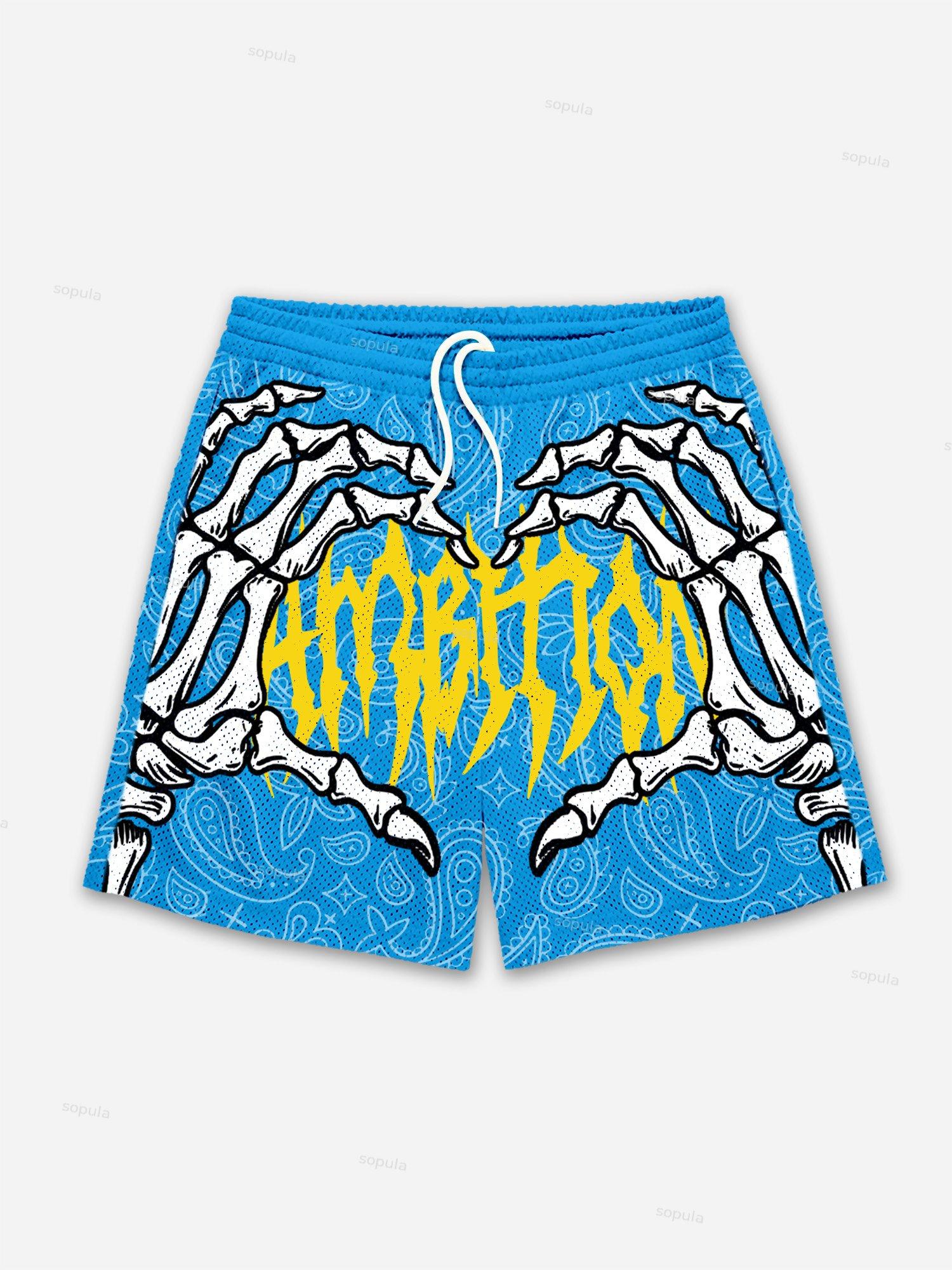 Ambition Skull Hand Cashew Flower Graphic Mesh Shorts Product Image