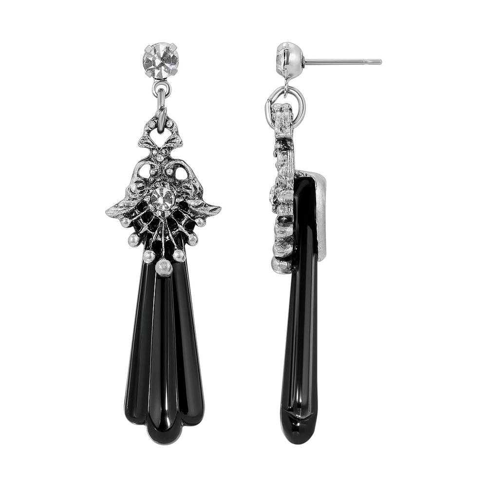 1928 Pewter Tone Crystal & Black Drop Earrings, Women's Product Image