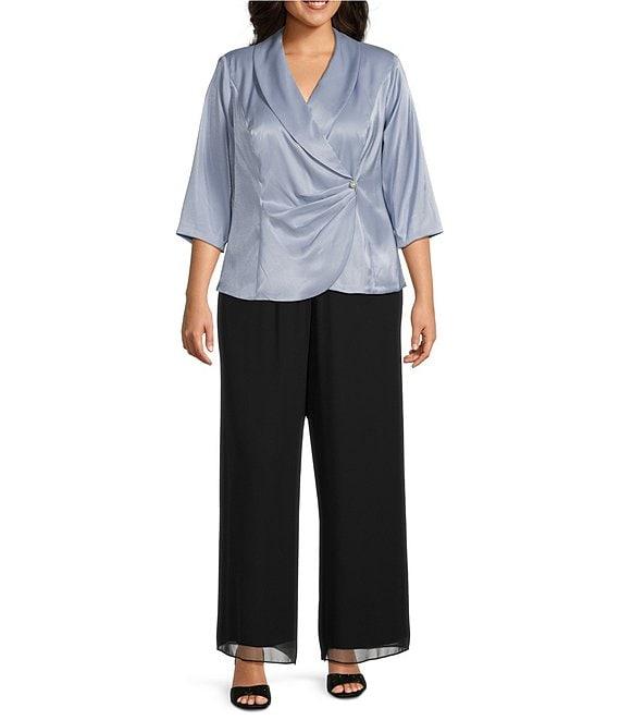 Alex Evenings Plus Size 3/4 Sleeve V-Neck Shawl Collar Shimmer Satin Blouse Product Image