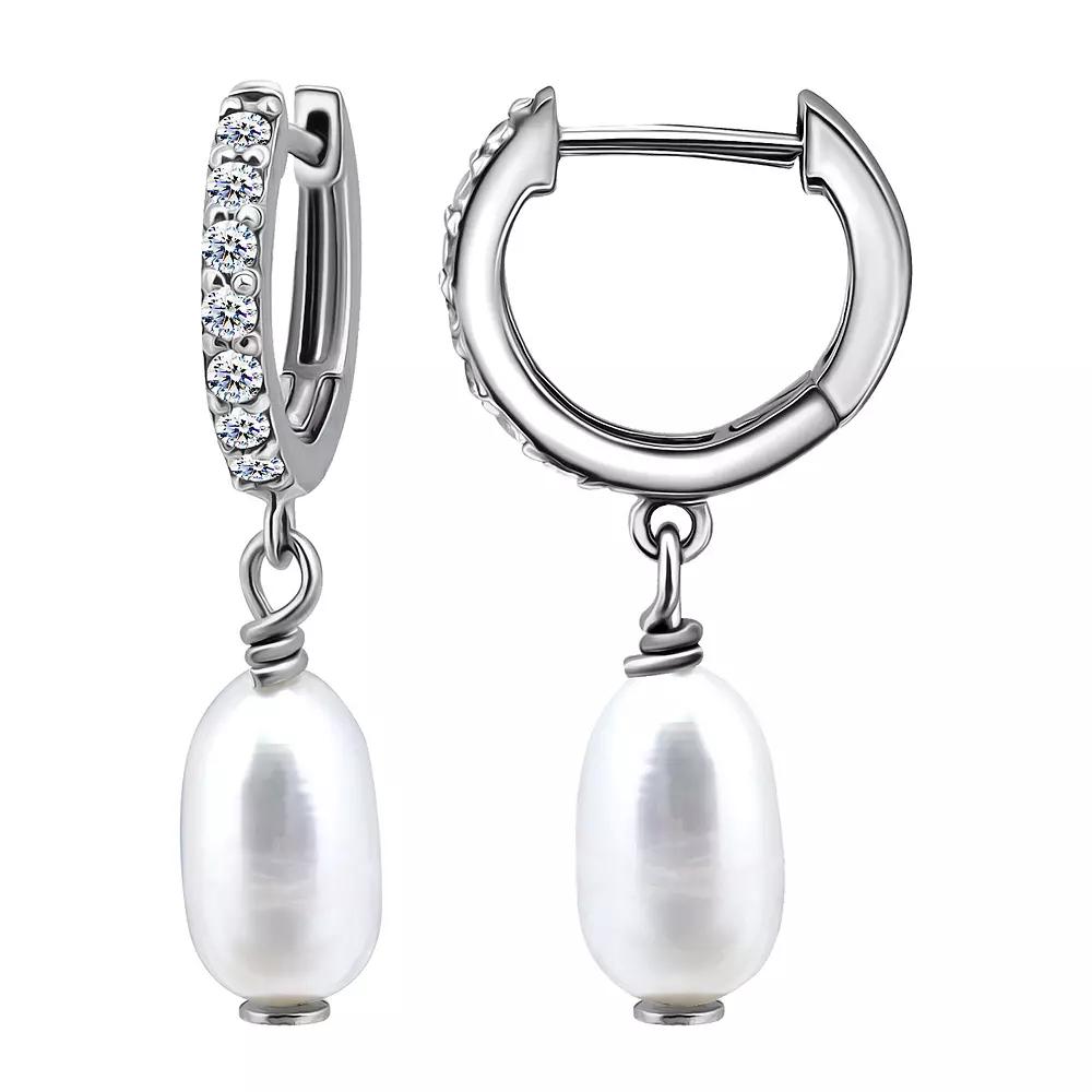 Aleure Precioso Sterling Silver Freshwater Cultured Pearl Drop & Pave Cubic Zirconia Huggie Hoop Earrings, Women's, Silver Tone Product Image