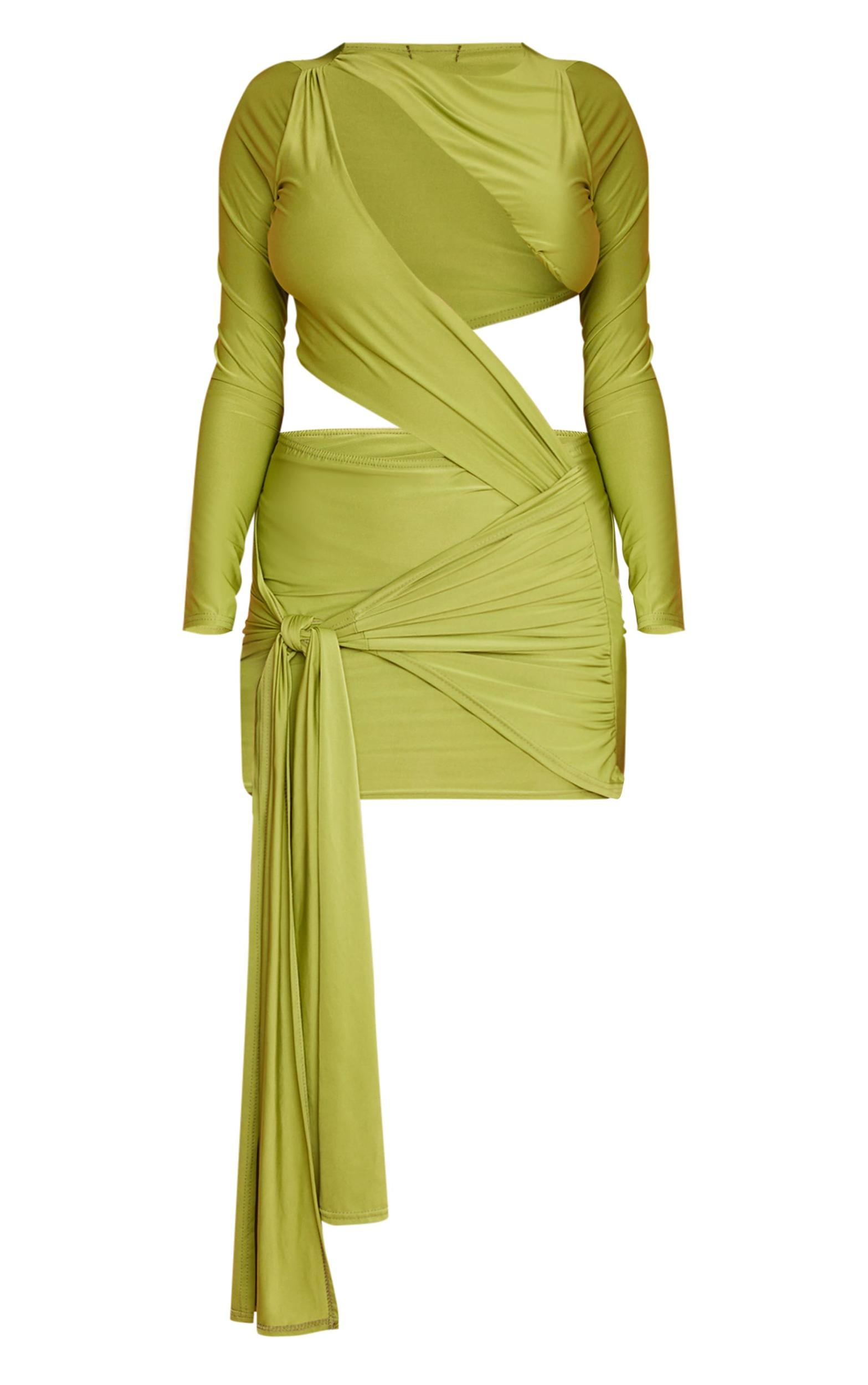 Olive Slinky Cut Out Long Sleeve Knot Bodycon Dress Product Image