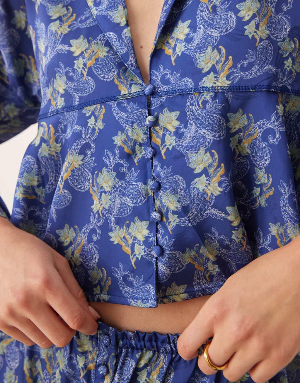 Free People printed satin pajama set in blue Product Image