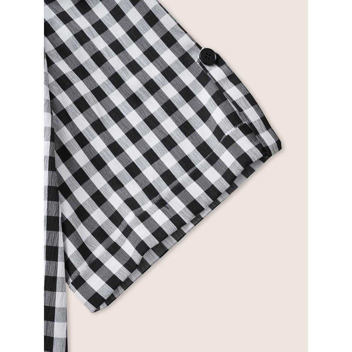 Plus Size Black Gingham Gathered Notched Tab Sleeve Blouse Women Casual Sleeveless Notched collar Everyday Blouses BloomChic 14-16/1X Product Image