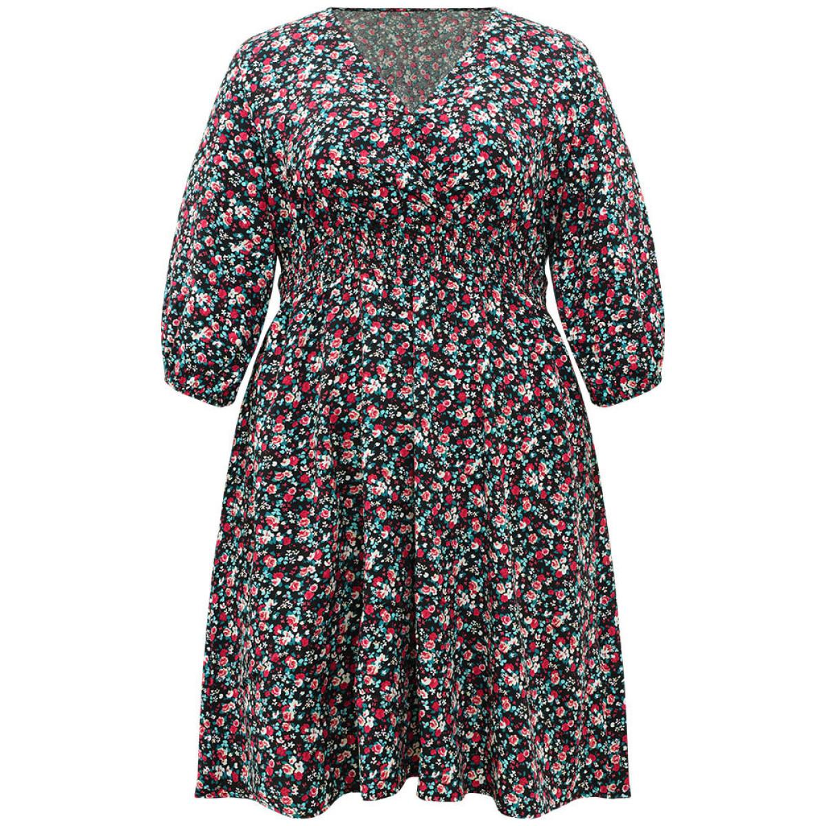Plus Size Ditsy Floral Shirred Pocket Lantern Sleeve Dress Black Women Elegant Elastic cuffs V-neck Elbow-length sleeve Curvy Midi Dress BloomChic 12/L Product Image