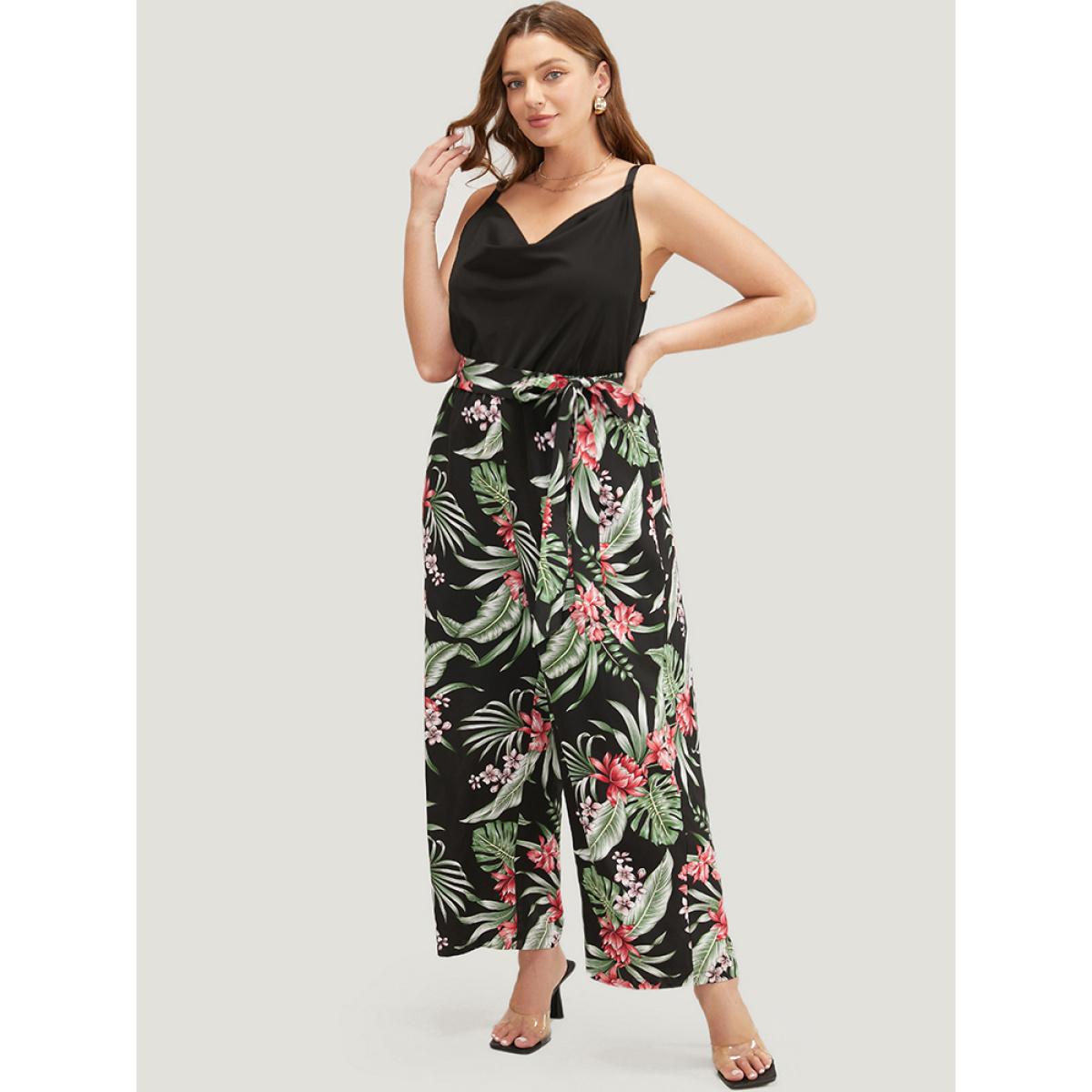 Plus Size Black Tropical Patchwork Cowl Neck Pocket Belted Cami Jumpsuit Women Vacation Sleeveless Cowl Neck Dailywear Loose Jumpsuits BloomChic 22-24/3X Product Image