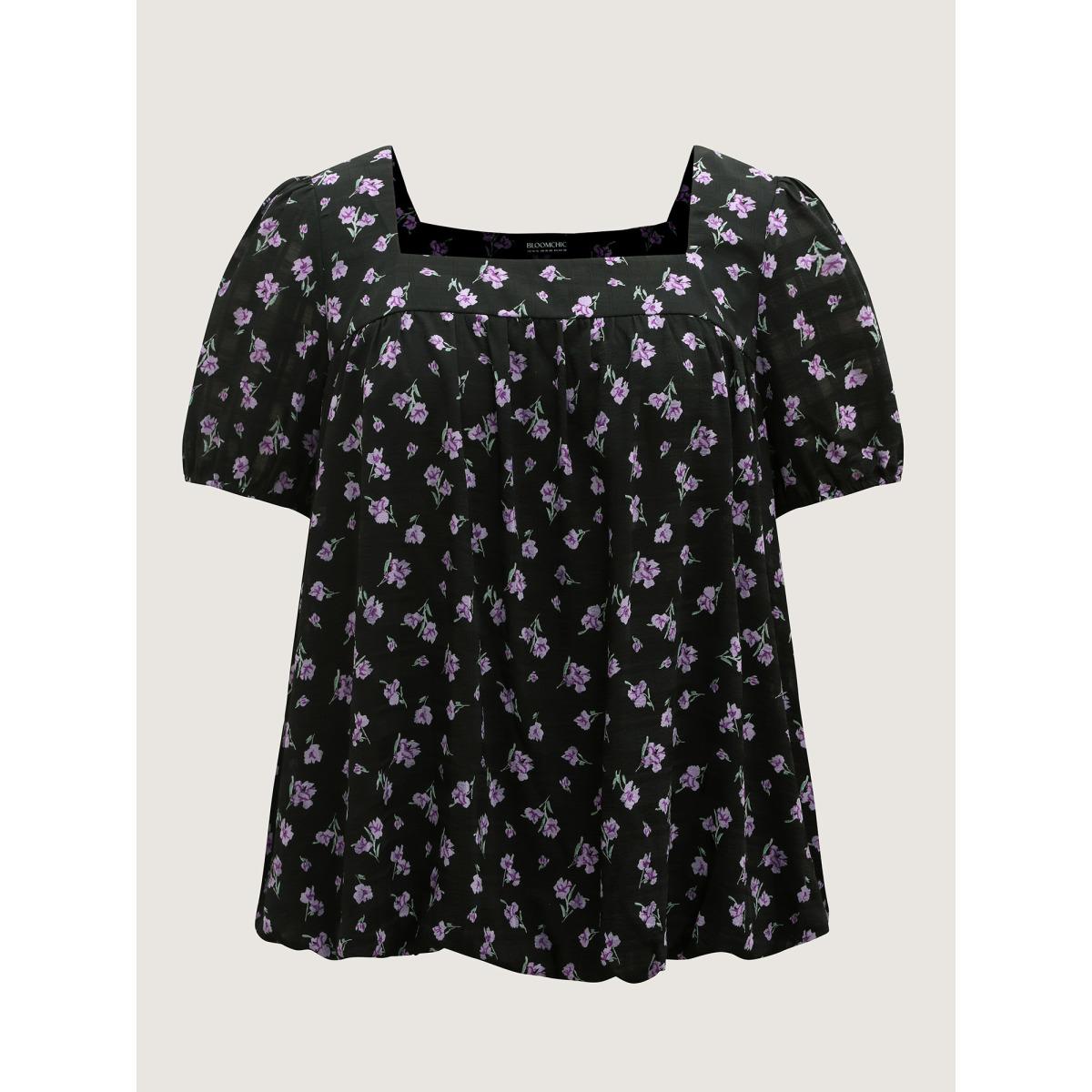 Plus Size Black Floral Fiesta Pleated Square Neck Blouse Women Short sleeve Square Neck Elegant Blouses BloomChic 12/L Product Image