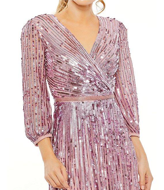 Mac Duggal Sequin Surplice V-Neck 3/4 Sleeve Embellished A-Line Gown Product Image