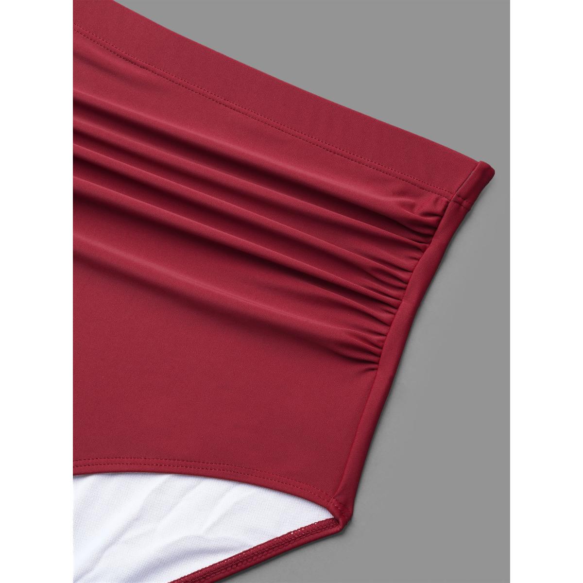 Plus Size Front-Tie Bow Flutter Sleeve Gathered Swim Dress Women's Swimwear Burgundy Beach Bodycon U-neck High stretch Curve Swim Dresses BloomChic 12/L Product Image