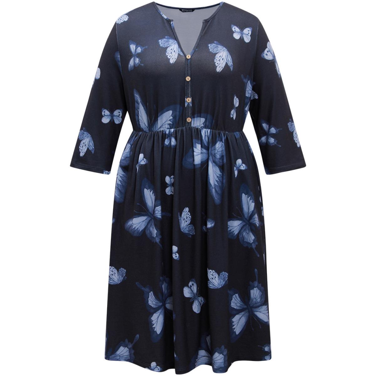 Plus Size Butterfly Print Notched Elastic Waist Button Detail Dress Midnight Women Casual Gathered Notched collar Elbow-length sleeve Curvy Midi Dress BloomChic 14-16/1X Product Image