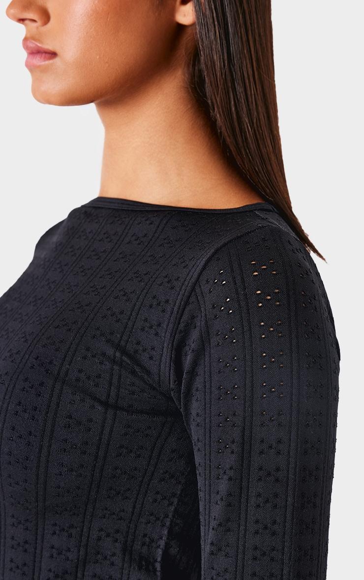 Black Contour Pointelle Detail Boatneck Long Sleeve Top Product Image