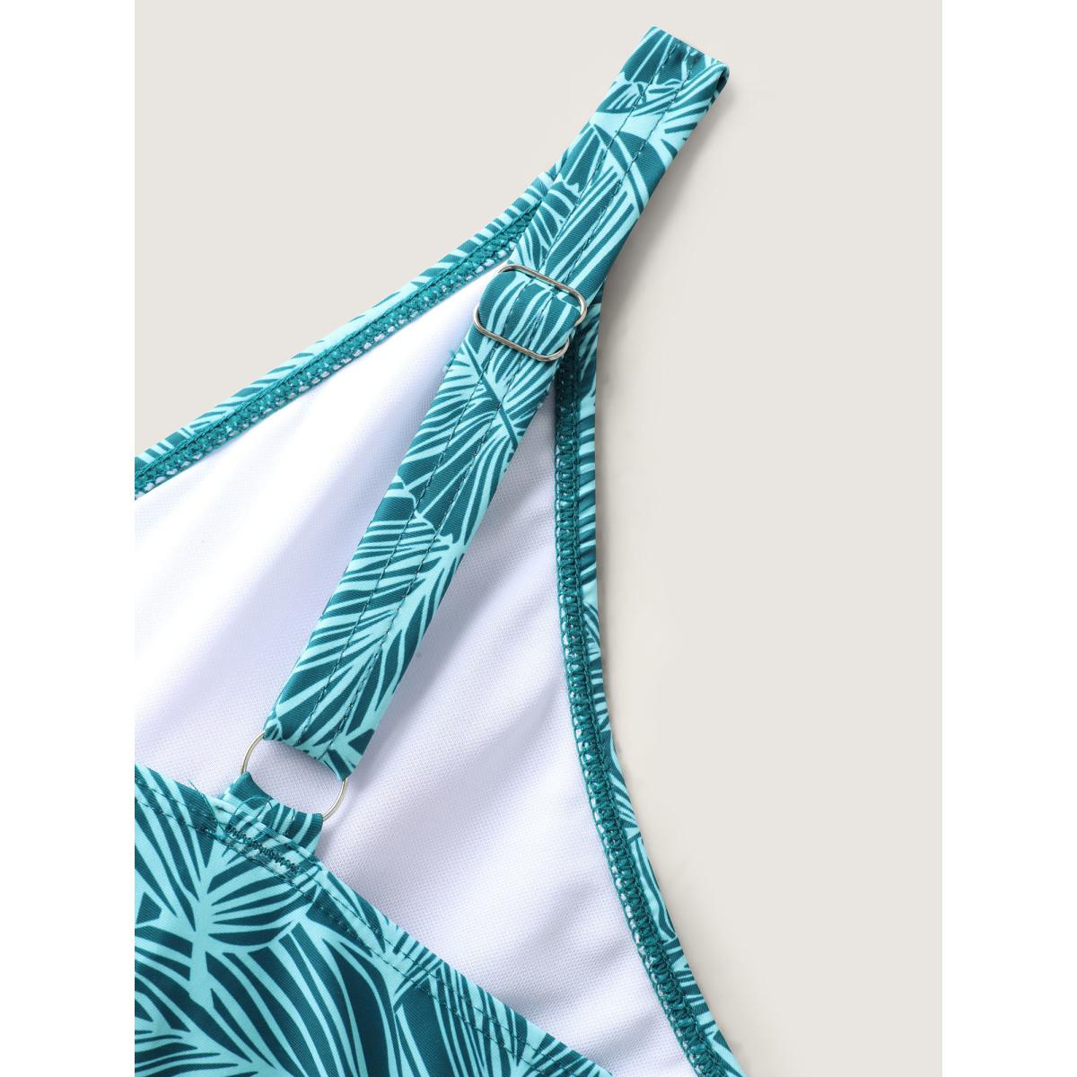 Plus Size Leafy Print Fit and Flare Swim Dress Women's Swimwear Cyan Resort Bodycon Overlap Collar High stretch Curve Swim Dresses BloomChic 12/L Product Image