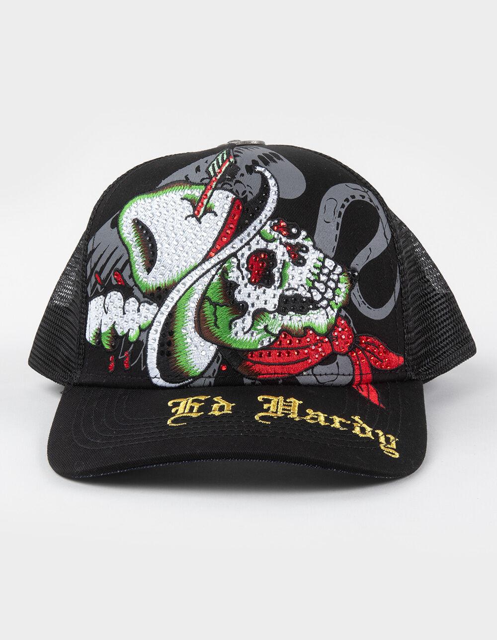 ED HARDY Cowboy Skull Rhinestone Womens Trucker Hat - BLACK Product Image
