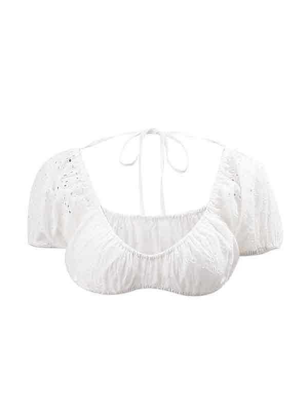 U Neck Open Back Cutout Short Sleeves Shirts Product Image