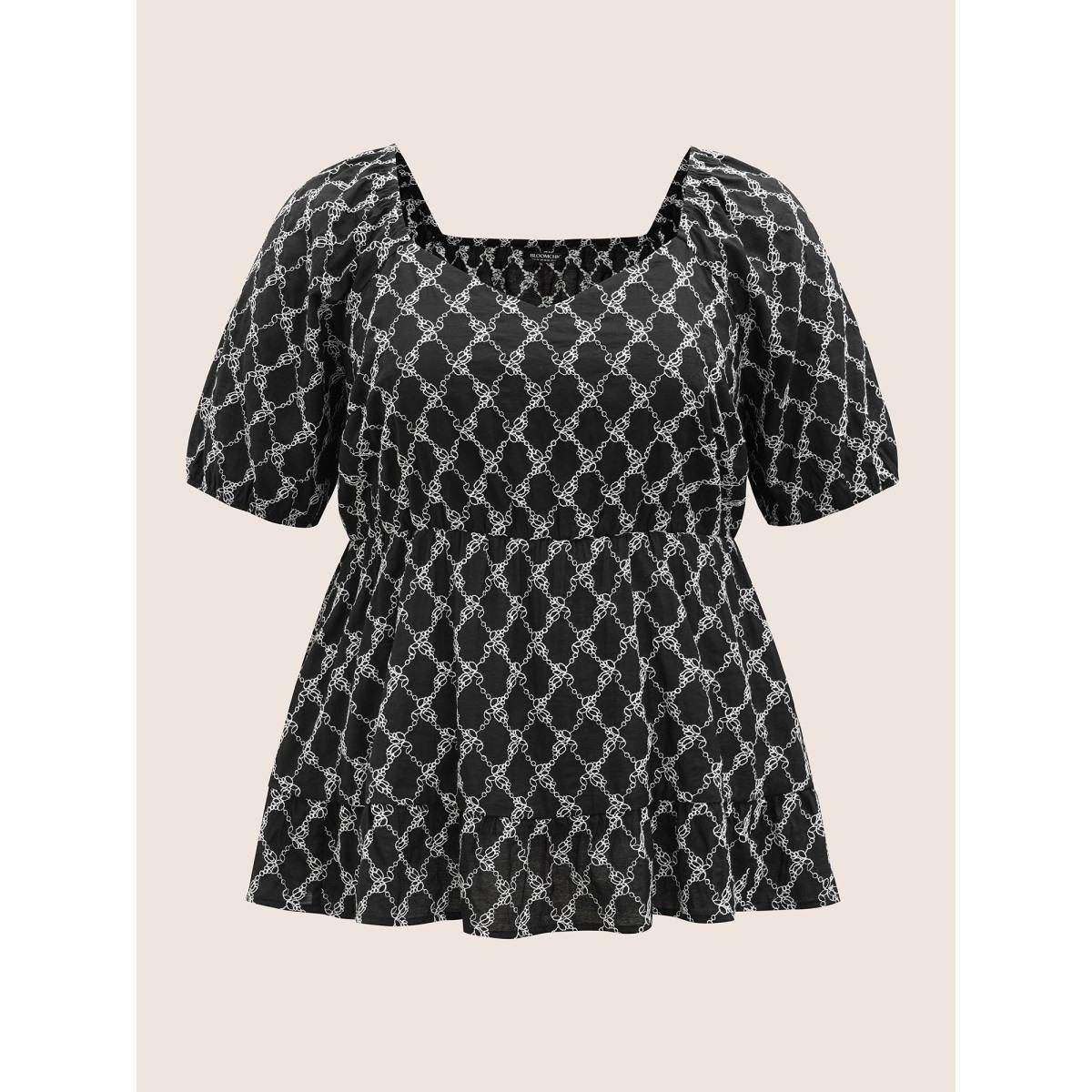 Plus Size Black Embroidered Heart Neckline Lantern Sleeve Blouse Women Casual Short sleeve Heart neckline Everyday Blouses BloomChic 18-20/2X Product Image