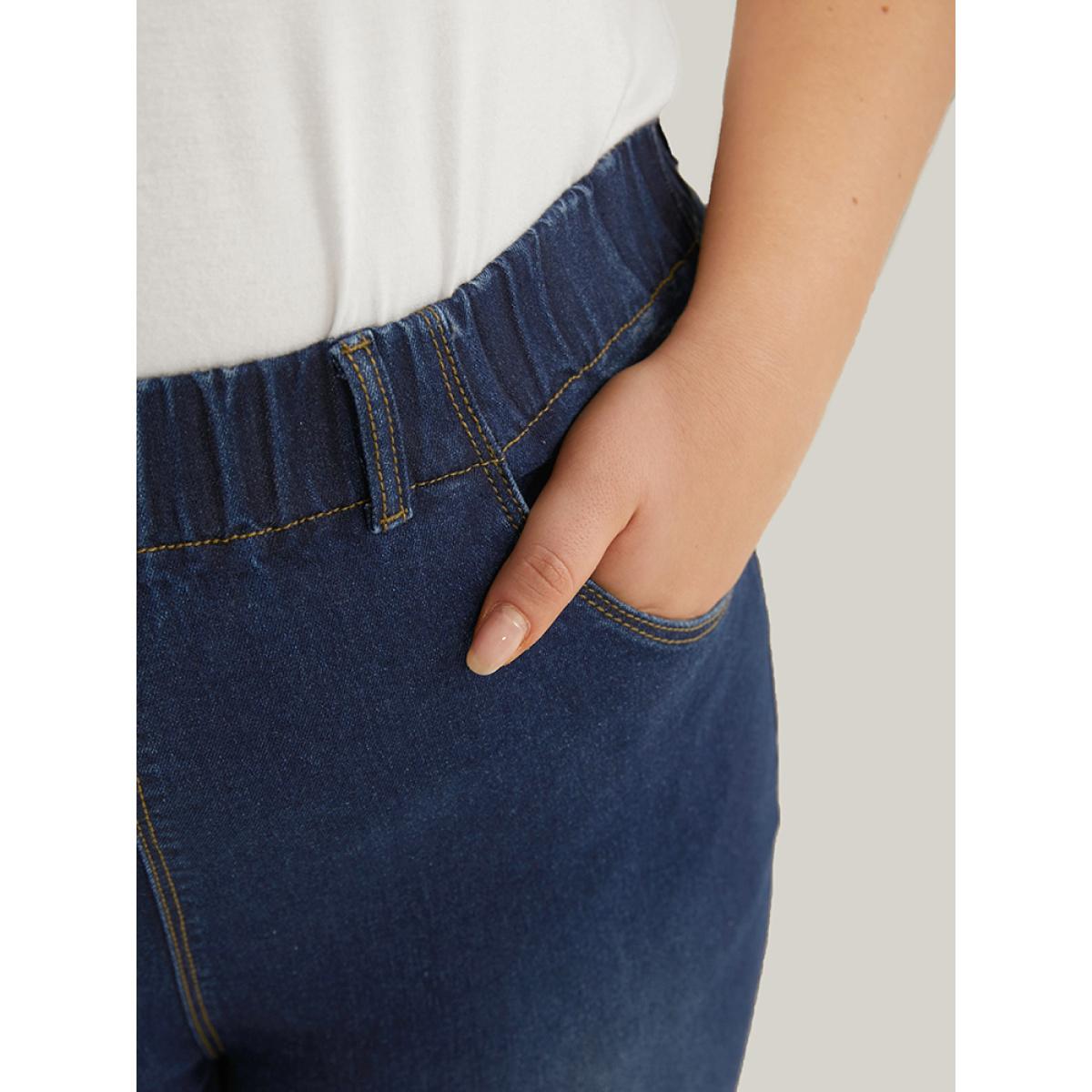 Plus Size Elastic Waist High Rise Skinny Jeans Women DarkBlue Casual Plain Non High stretch Slanted pocket Jeans BloomChic 28/5X Product Image