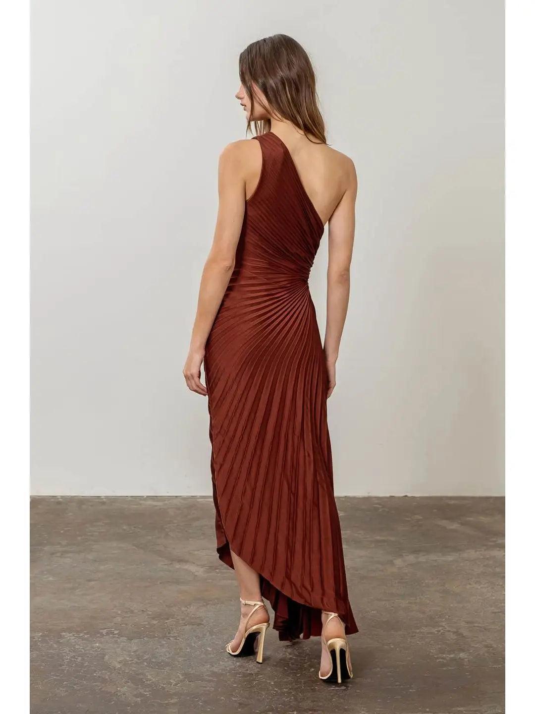 Unbalance Cutting Pleats Midi Dress Product Image
