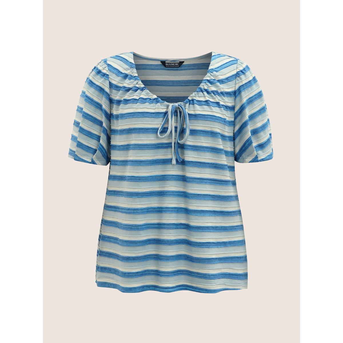 Plus Size V Neck Textured Striped Tie Knot T-shirt Skyblue Women Casual Texture V-neck Everyday T-shirts BloomChic 28/5X Product Image