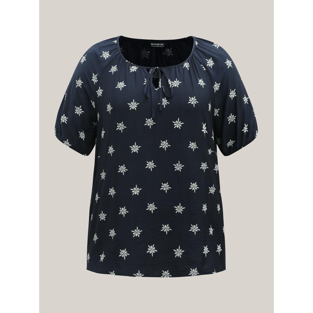 Plus Size Indigo Boho Print Keyhole Pleated Blouse Women Boho Half Sleeve V-neck Vacation Blouses BloomChic 22-24/3X Product Image