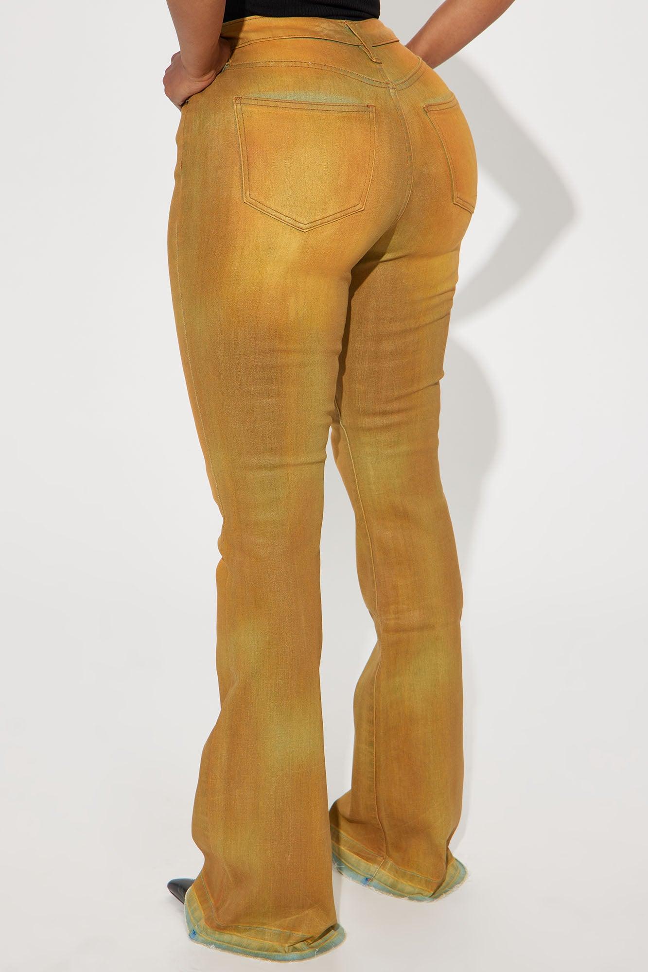 Leading The Pack Coated Stretch Flare Jeans - Yellow Product Image