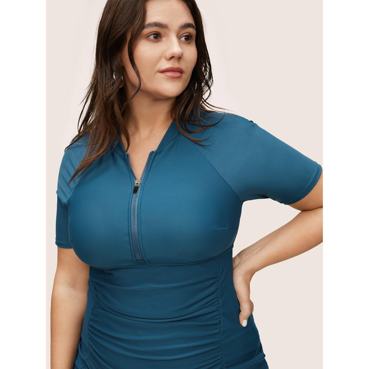 Plus Size Zipper Raglan Sleeve Ruched Swim Top Women's Swimwear Aegean Beach Non High stretch Skinny Round Neck Curve Swim Tops BloomChic 28/5X Product Image