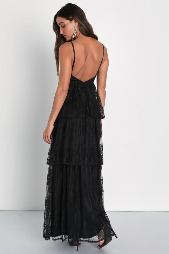 Tier I Go Black Lace V-Neck Sleeveless Tiered Maxi Dress Product Image