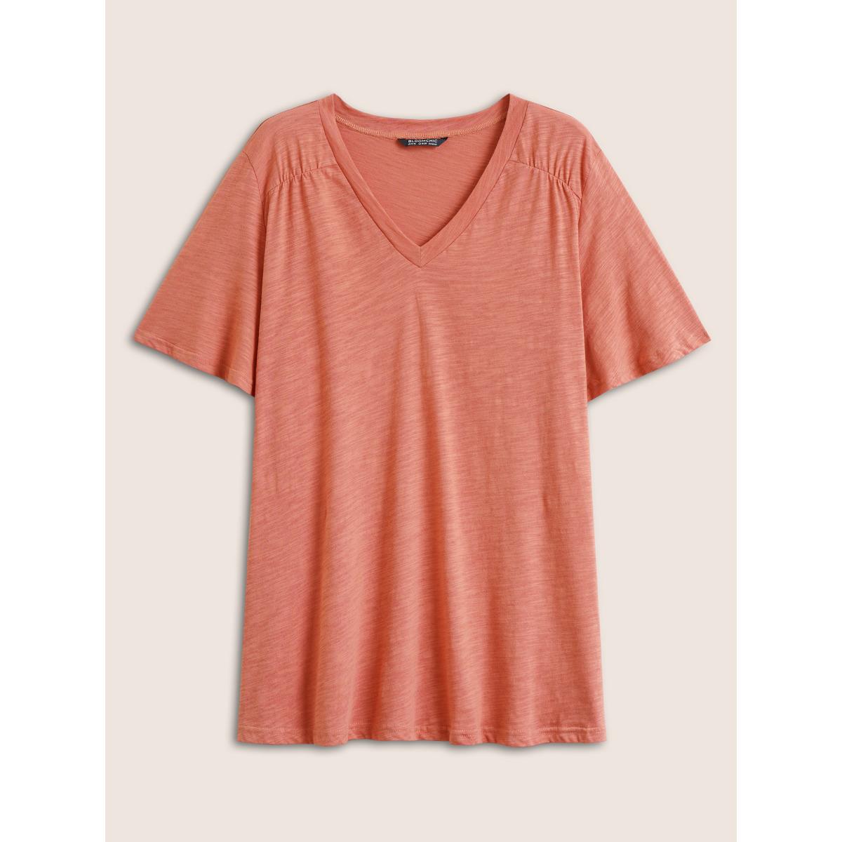 Plus Size Plain Ruffle Sleeve Heather V Neck T-shirt Rust Women Casual Plain V-neck Everyday T-shirts BloomChic 26/4X Product Image