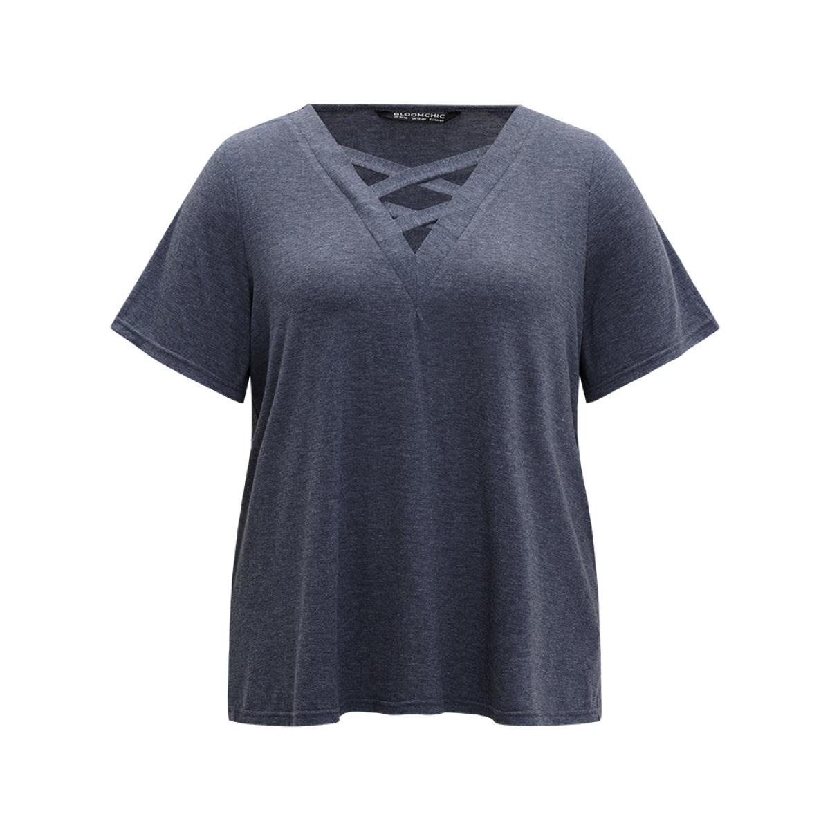 Plus Size Plain Heather Crisscross V Neck T-shirt Blue Women Casual Heather Plain V-neck Dailywear T-shirts BloomChic 18-20/2X Product Image