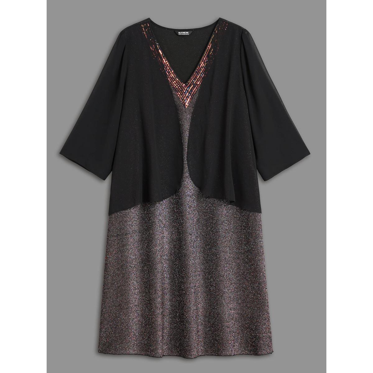 Plus Size 2-In-1 Sequin Patchwork Mesh Dress Black Women Cocktail Texture Party Curvy Bloomchic 14-16/1X Product Image