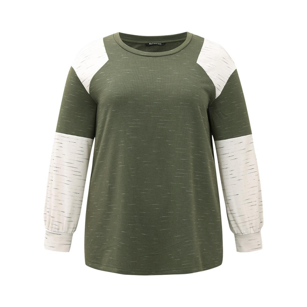 Plus Size Colorblock Patchwork Raglan Sleeve Sweatshirt Women ArmyGreen Casual Contrast Round Neck Everyday Sweatshirts BloomChic 28/5X Product Image